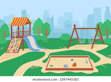 Zona de juegos infantil sin niños en el parque. Área escolar. Equipo de campo de juego al aire libre para jardines de infancia o casa. Paisaje urbano vacío. Fondo de la caricatura vectorial. Caja de arena, deslizamiento y oscilación