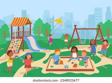 Kids playground without kids in park. School area. Outdoor playground equipment for kindergarten or house. Vector cartoon background. Funny children character. Sandbox, slide and swing