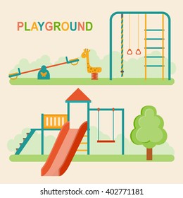 Kids playground.Kindergarten playground with swings, slide, rope, toy giraffe. Vector flat illustration.