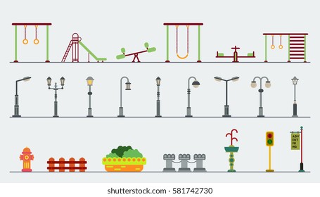 Kids playground.Kindergarten playground with swings, slide, park equipment, street lamp posts, vector