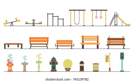 Kids Playground.Kindergarten Playground With Swings, Slide, Park Equipment, Street Lamp Posts, Vector