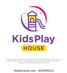 Kids Playhouse Vector Logo Design. Playhouse With Slide Logo Design. Kids Party House Vector Logo Template. Kindergarten Logo Concept.