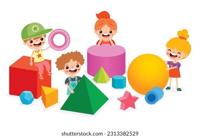 Kids Playing With 3d Geometric Shapes