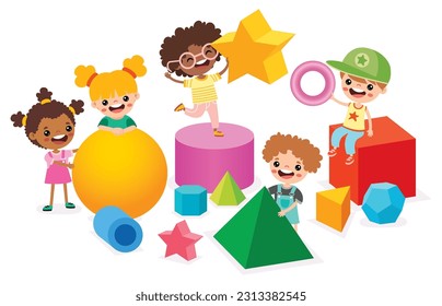 Kids Playing With 3d Geometric Shapes