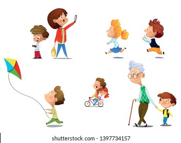 Kids playing in active games and just spending their time. Vector illustrations of funny children set.