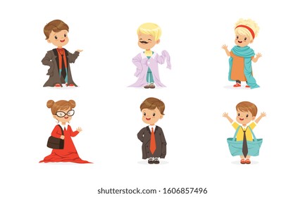 Kids Playing Adult Wearing Parents Clothing Items Vector Set