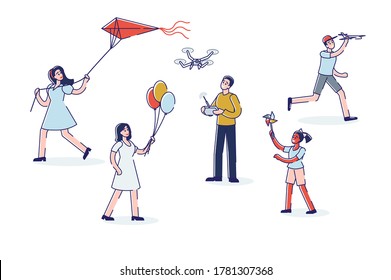 Kids playing with air and wind toys: air balloons, kite, drone or quadrocopter and plane model. Set of cartoon characters children cheerful and enjoy flying toys. Linear vector illustration