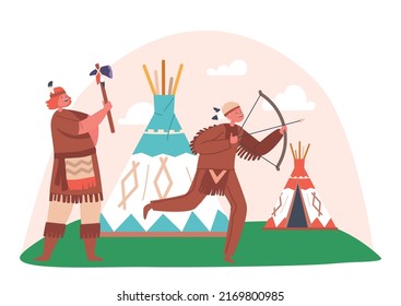 Kids Playing American Indians on Field with Wigwam Tent, Children Characters Fun and Historical Games. Boys and Girl with Bow and Axe Wearing Native Indian Costume. Cartoon People Vector Illustration