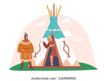 Kids Playing American Indians Outdoor, Children Characters Activities, Fun and Historical Games. Girls at Wigwam Tent, Wear Native Indian Costume and Headdress. Cartoon People Vector Illustration