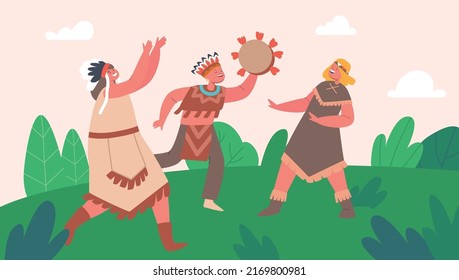 Kids Playing American Indians at Summer Field. Cute Boy and Girls Characters Wear Traditional Costumes and Feathered Headdress Play Drum, Dance and Having Fun. Cartoon People Vector Illustration