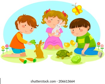 kids playing with animals