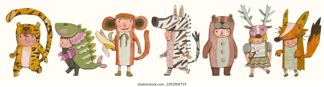kids playing as animals. Wildlife and child watercolor vector illustration.