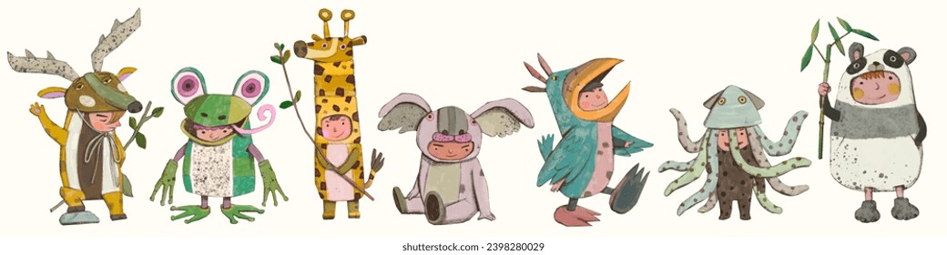kids playing as animals. Wildlife and child watercolor vector illustration.