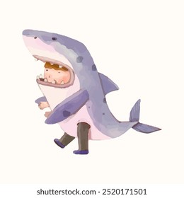 kids playing as animals. Wildlife and child watercolor vector illustration. shark	