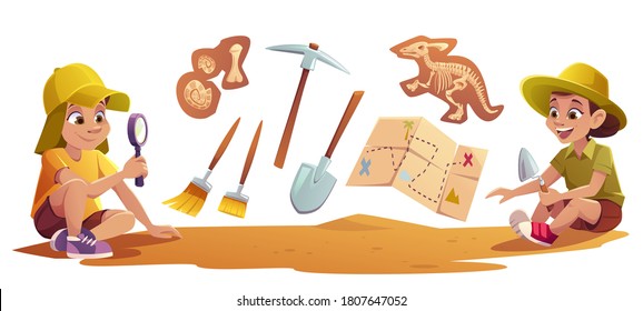Kids playing in archaeologists working on paleontology excavations digging soil with shovel and exploring artifacts with magnifying glass. Children study dinosaurs fossil. cartoon vector illustration