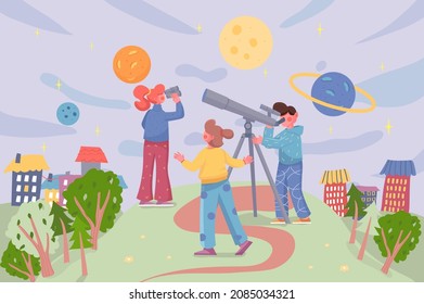 Kids Playing Astronauts At Cityscape Background. Boy And Girls Exploring Space, Looking Through Telescope Or Binoculars At Sky With Planets And Stars Scene. Vector Illustration In Flat Cartoon Design