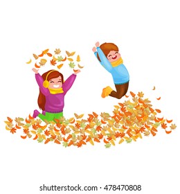 Kids Playing Autumn Leaves Hello Autumn Stock Vector (Royalty Free ...