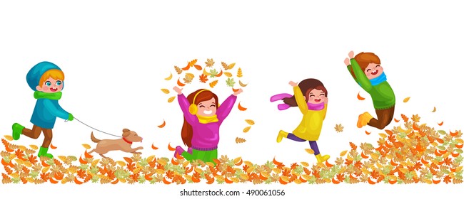 Kids Playing With Autumn Leaves. Hello Autumn Illustration. Girl  Throws Up Autumn Leaves