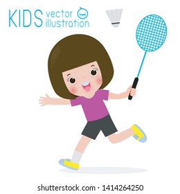 Kids Playing badminton isolated on white background, children and sport Vector Illustration