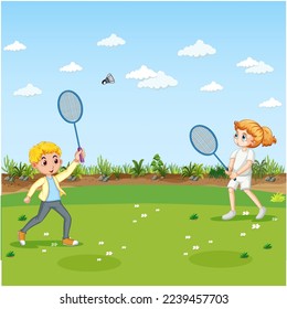  Kids Playing Badminton. Kids playing badminton outdoor on the grass. Modern flat vector illustration clipart. Happy children playing sport game together having fun. Players cartoon characters.