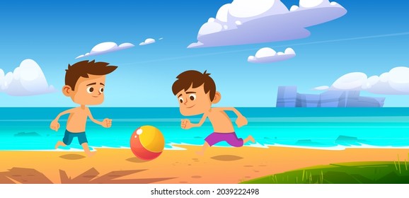 Kids playing ball at summer beach, boys play at sea shore, outdoor fun, family vacation and holidays leisure on ocean coastline, friends or brothers games and recreation, Cartoon vector illustration