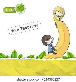 Kids playing with a banana. Isolated vector illustration.