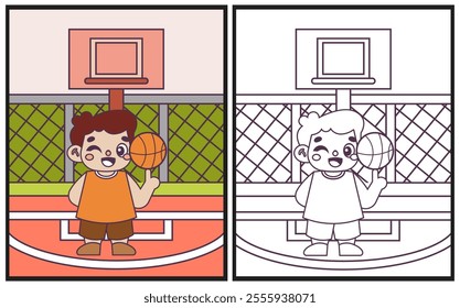 Kids playing basketball coloring page vector illustration