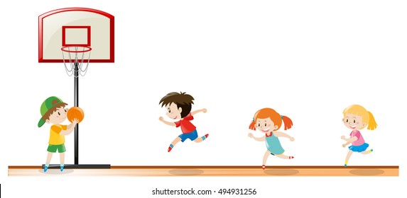 Kids Playing Basketball At The Court Illustration