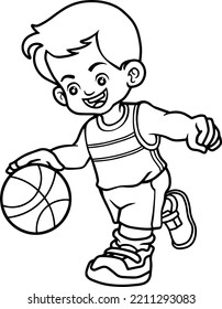 kids playing basketball line vector illustration isolated on white background