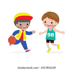 kids playing basketball on isolated on white background, children and sport, two young boys playing basketball Vector Illustration