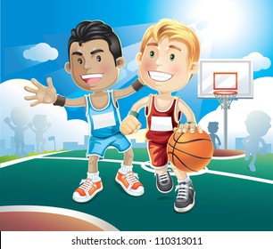 Kids Playing Basketball On Outdoor Court. Vector Illustration Cartoon Character.