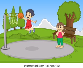 kids playing basketball in the park cartoon vector illustration