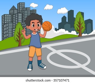kids playing basketball in the park cartoon vector illustration