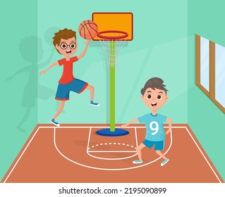 Kids Playing Basketball.Young Athletes Play Basketball In The Gym.Vector Illustration.