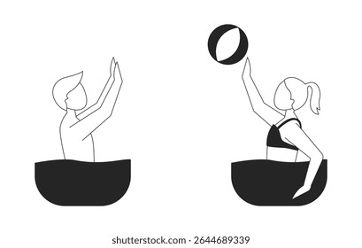 Crianças jogando com bola de praia em água piscina personagens de linha 2D. Crianças divertidas no verão. Menino loiro e menina verão alegria isolada tinta vetor contorna pessoas sem rosto. Ilustração de ponto monocromático