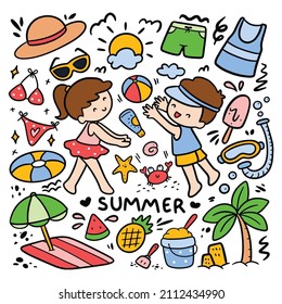 Kids Playing Beach Ball With Summer Related Object in Cartoon Doodle Style Vector Illustration