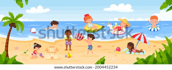 Kids playing at beach. Happy children playing at seaside, swimming in ocean, building sandcastle. Summer holiday or vacation vector illustration. Characters having recreation activities