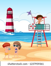 Kids Playing At The Beach Illustration