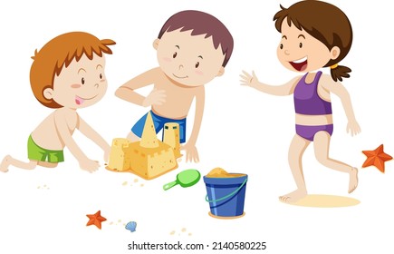 Kids Playing at the Beach on white background illustration