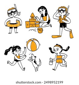 Kids Playing at the Beach - Summer Vacation Illustrations, Hand drawn vector illustrations doodle style.