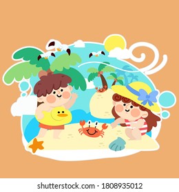 Kids Playing At The Beach Summer Vibe Concept Vector Illustration Digital Asset