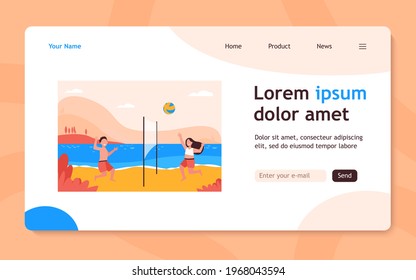 Kids playing beach volleyball. Lake, children at seaside, ball game. Flat vector illustration. Summer vacation, childhood, sport activity concept for banner, website design or landing web page