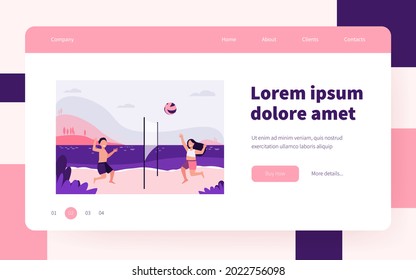 Kids playing beach volleyball. Lake, children at seaside, ball game. Flat vector illustration. Summer vacation, childhood, sport activity concept for banner, website design or landing web page