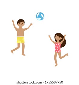 Kids Playing Beach Volleyball. Two Happy Little Friends - Boy And Girl Smile And Play With A Ball. Isolated On White Background Vector Cartoon Illustration About Outdoor Summer Activity For Kids