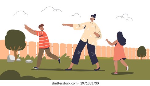 Kids playing blindfolded game outdoors. Cheerful children play blind folded with mom on backyard. Active family spend time together. Cartoon flat vector illustration