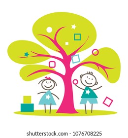 Kids playing with blocks and balls under the tree. Can be used for early learning centers logo, childcare, summer camps poster, TV show for kids logo.