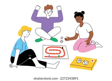 Kids playing board game on floor. Girls and boys having fun. Hand drawn composition of children’s game with map and dice. Vector illustrations of friends leisure activity, party entertainment