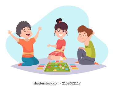 Kids playing board games. Home occupation for big family lotto cards chess domino exact vector cartoon background illustration