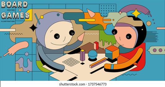 Kids playing board games. Memphis bauhaus modern graphic style illustration. Geometric thin line flat design poster. Eps10 vector.