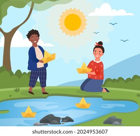 Kids playing with boat. Girl and boy launch paper ships on river. Children play in sun on nice summer or spring day. Rest after lessons. Poster or banner for printing. Cartoon flat vector illustration